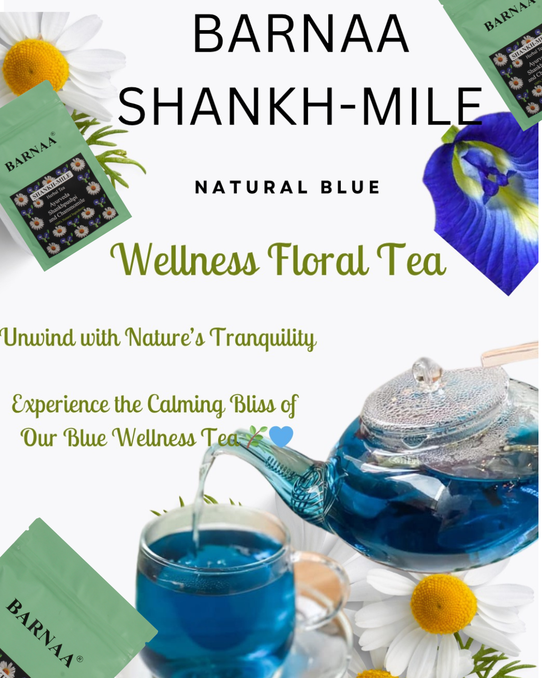 BARNAA SHANKH-MILE - HERBAL TEA || A BLEND OF AYURVEDIC SHANKHPUSHPI AND CHAMOMILE FLOWERS || Can be prepared as Herbal Tea and Iced Tea & other Mocktails.