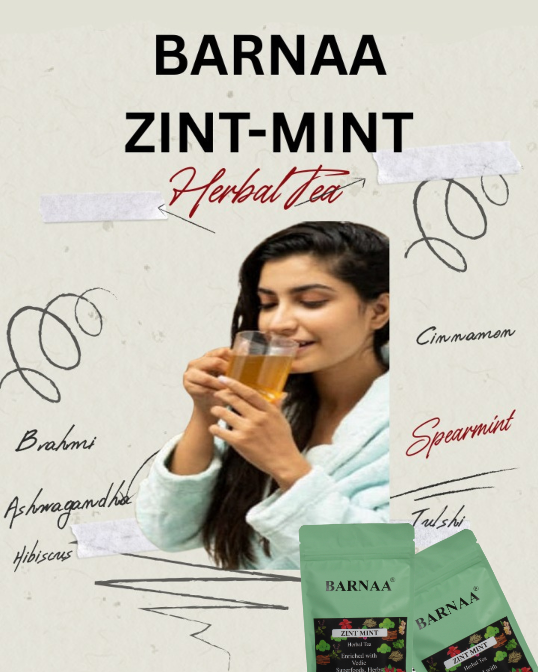 BARNAA ZINT MINT -HERBAL TEA|| BLEND OF AYURVEDIC BRAHMI, ASHWAGANDHA, SPEARMINT, RAM TULSHI AND OTHER HERBS || RICH ANTIOXIDANT || CAFFEINE-FREE