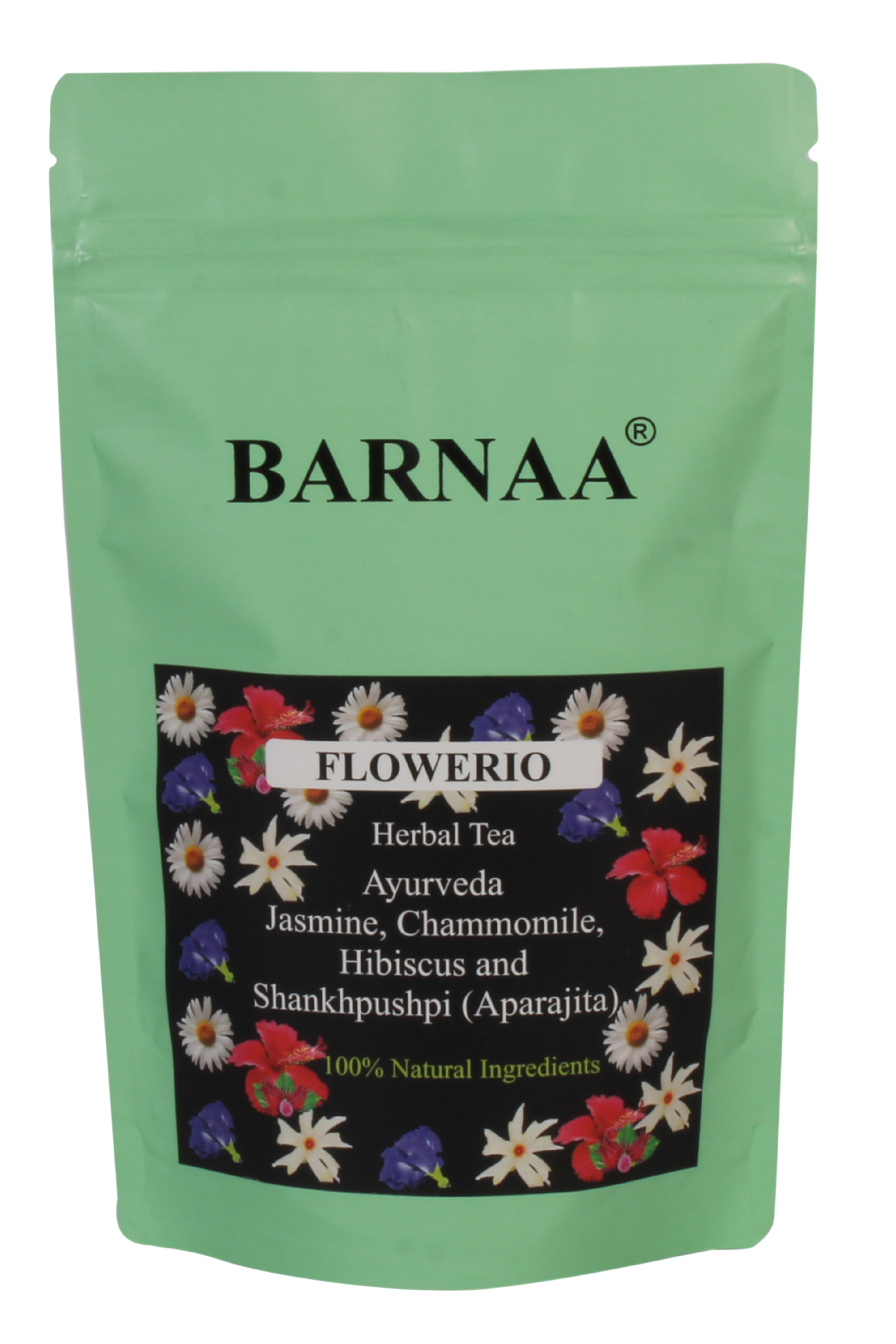 BARNAA FLOWERIO -HERBAL TEA || A BLEND OF AYURVEDIC FLOWERS- JASMINE, CHAMMOMILE, HIBISCUS AND SHANKHPUSHPI || TISANE-SOOTHING TEA || CAFFEINE-FREE ||