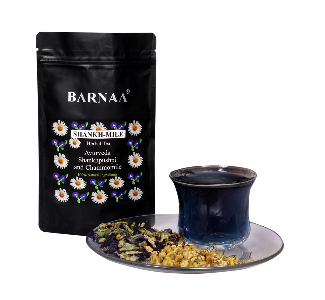 BARNAA SHANKH-MILE - HERBAL TEA || A BLEND OF AYURVEDIC SHANKHPUSHPI AND CHAMOMILE FLOWERS || Can be prepared as Herbal Tea and Iced Tea & other Mocktails.